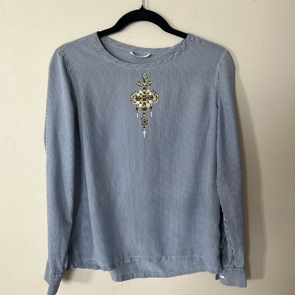 Equipment Femme Women’s Long Sleeve Silk Blouse Top Blue Stripes - Picture 4 of 13